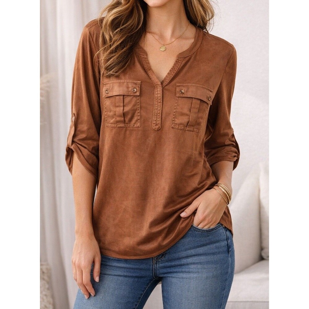 Chico’s Women’s Size 2 Rust Brown Utility Blouse Tunic 3/4 Sleeve Pockets Stretc